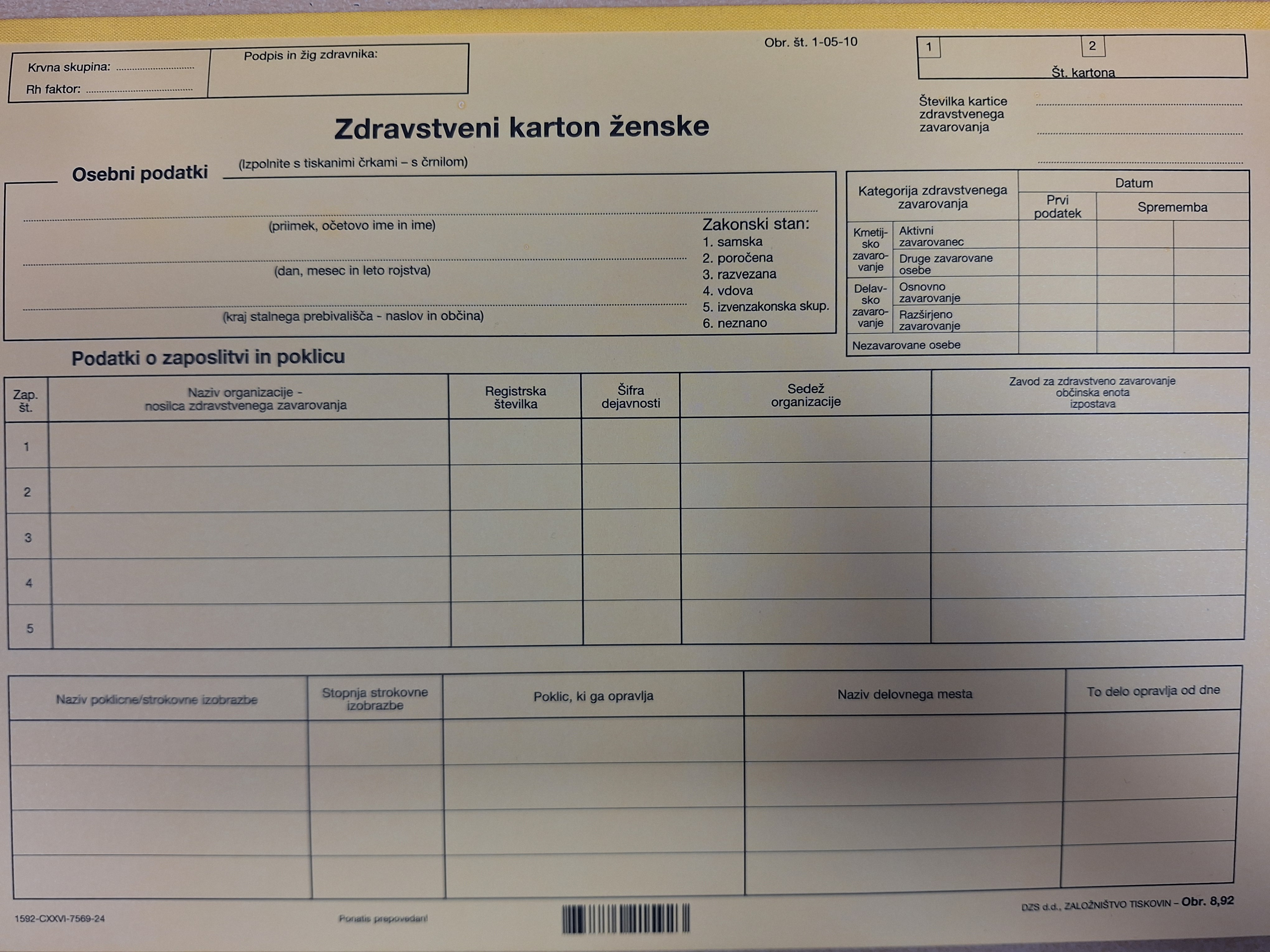 OBRAZEC 8,92 Zdravstveni karton za žene